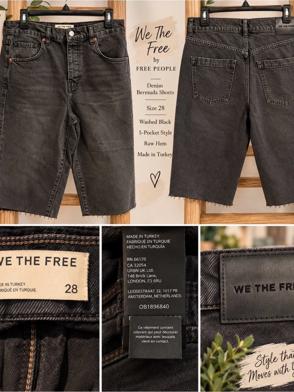 Free People We The Free Black Denim Bermuda Jort Shorts Raw Hem -NWOT